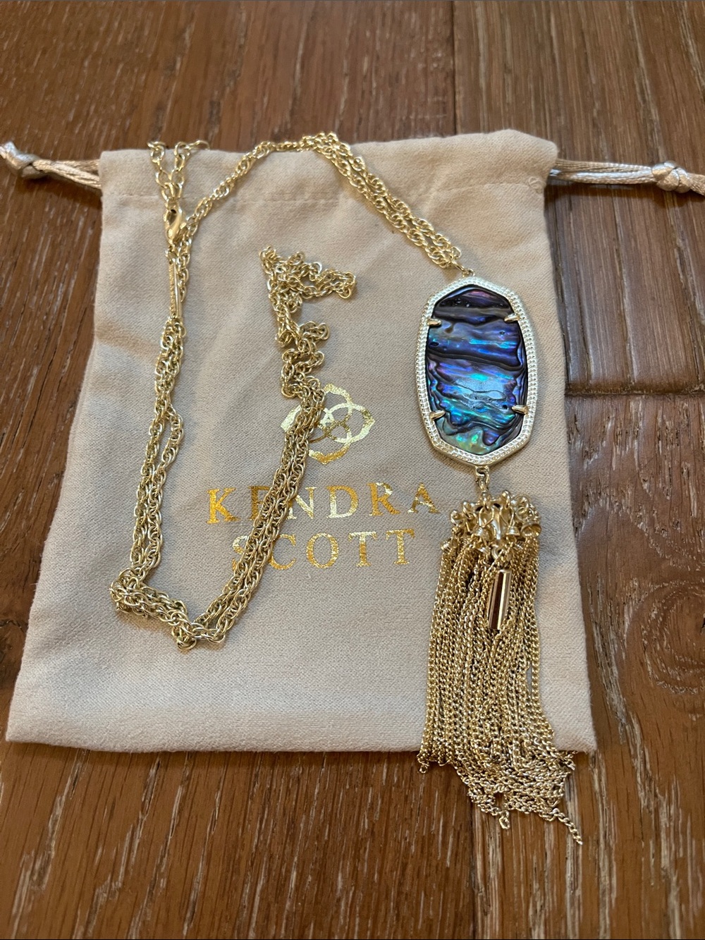 Kendra Scott Gold Necklace with Iridescent Blue-Green Abalone Pendant and Tassel